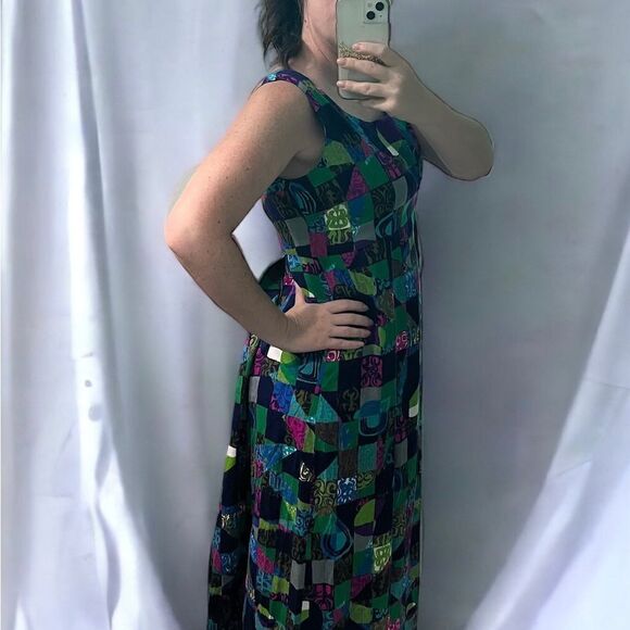 Vintage 70s Vibrant Hawaii Print Bark Cloth Maxi Dress M/L - Picture 2 of 7